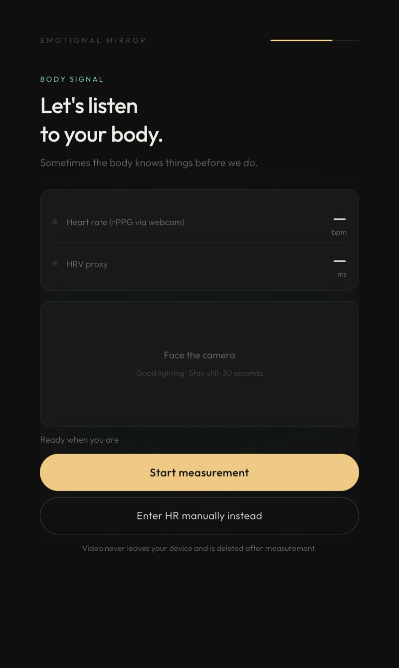 Body signal screen: placeholders for heart rate from the webcam and an HRV proxy, a camera area that says 'Face the camera', and buttons to start a 30-second measurement or enter heart rate manually.