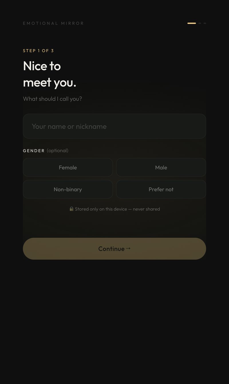 Onboarding step 1: name or nickname and optional gender, stored only on the device.