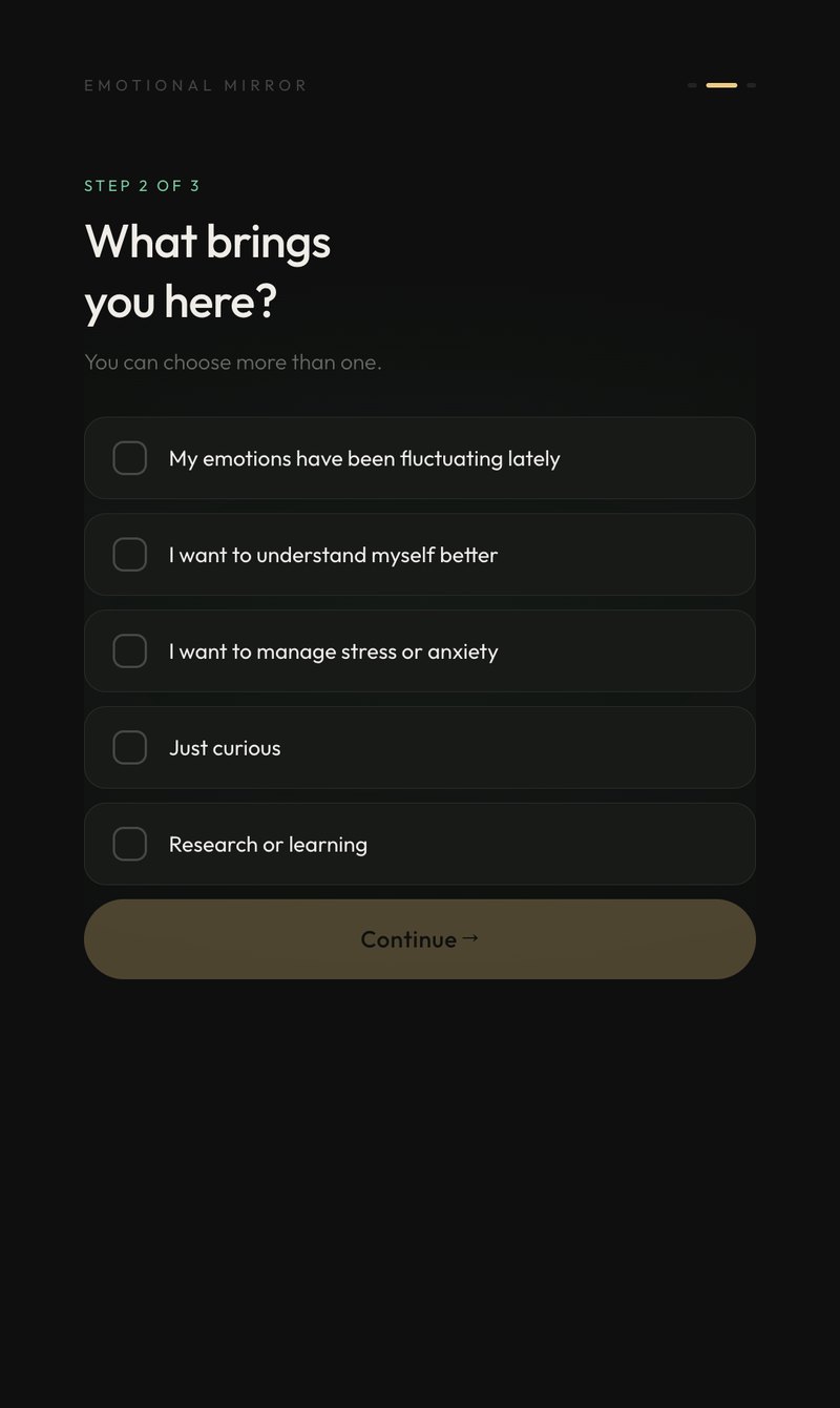 Onboarding step 2: reasons for coming, such as fluctuating emotions, self-understanding, stress or anxiety, curiosity, research.