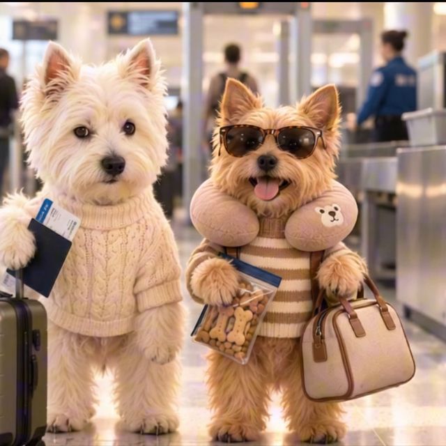 Video still: two small dogs in sweaters at an airport security line, one wearing sunglasses.