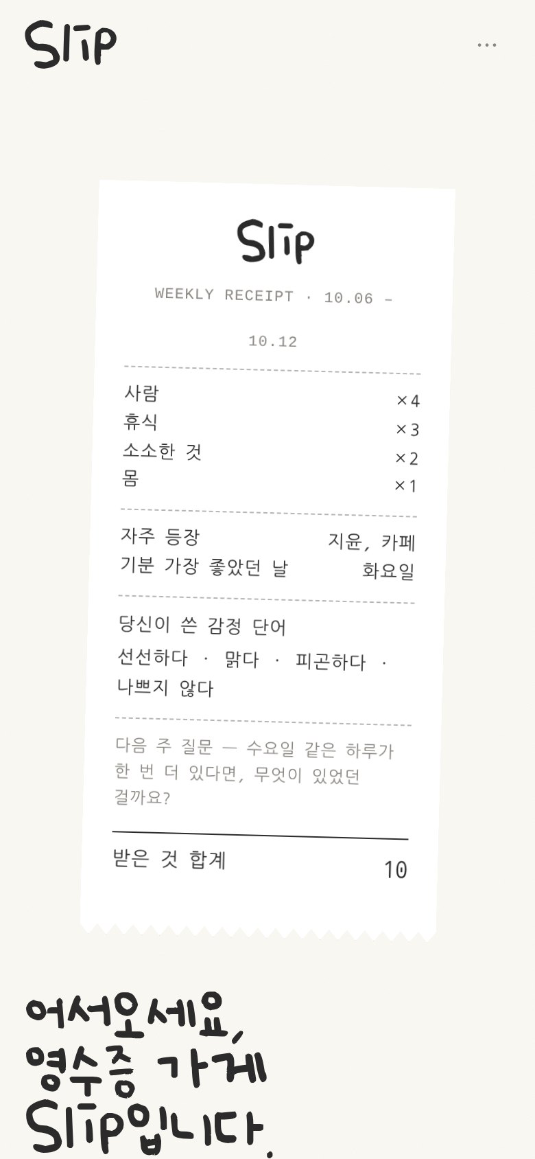 Slip landing screen with a sample weekly receipt: counts for people, rest, small things and body, people and places that came up, the best-mood day, the user's own emotion words, and one question for next week.